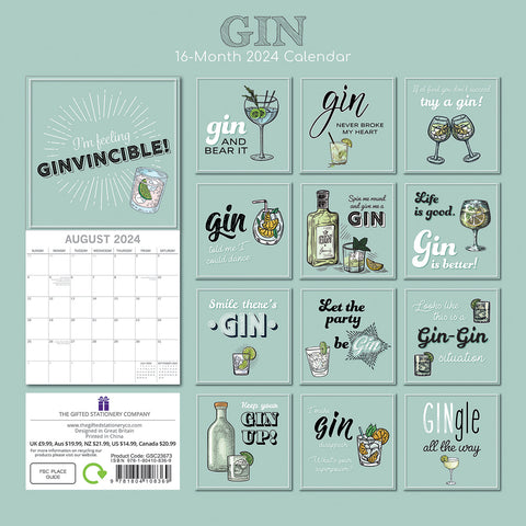 Gin - 2024 Square Wall Calendar 16 Months Funny Planner Christmas New Year Gift