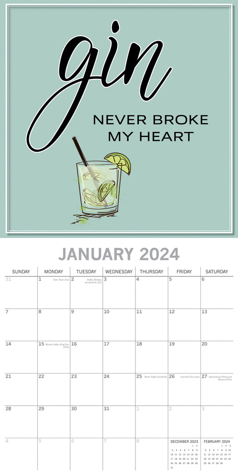 Gin - 2024 Square Wall Calendar 16 Months Funny Planner Christmas New Year Gift