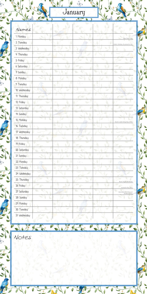 Birdsong Family Organiser - 2024 Square Wall Calendar 16 Months School Planner