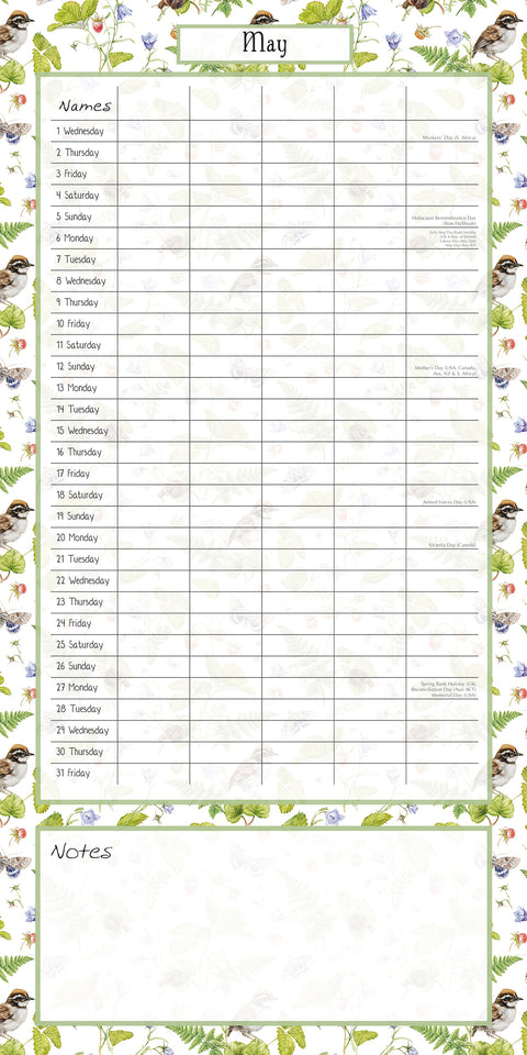 Birdsong Family Organiser - 2024 Square Wall Calendar 16 Months School Planner