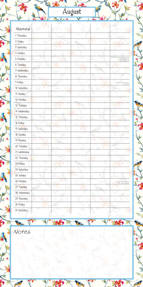Birdsong Family Organiser - 2024 Square Wall Calendar 16 Months School Planner
