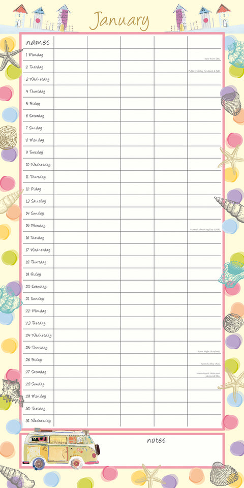 By the Sea Family Organiser - 2024 Square Wall Calendar 16 Months School Planner