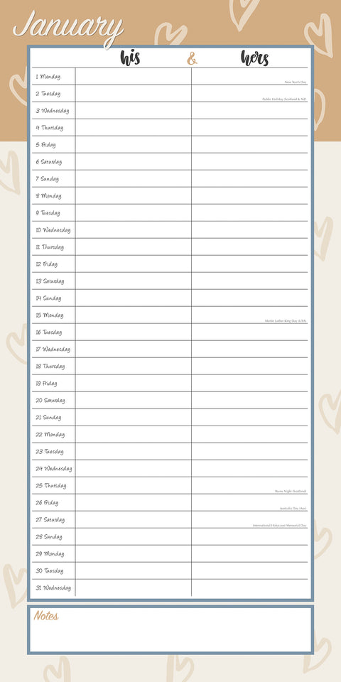 His & Hers Organiser - 2024 Square Wall Calendar 16 Months Planner New Year Gift
