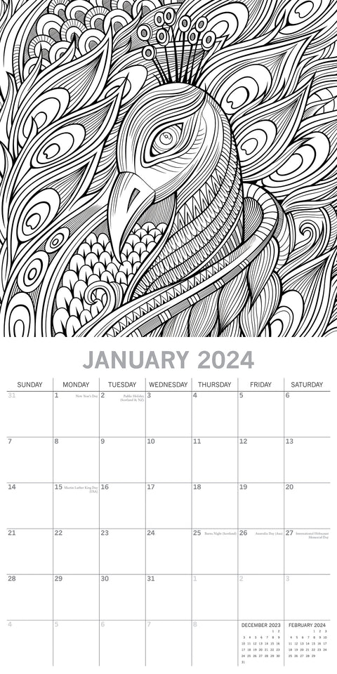 Colouring Calendar - 2024 Square Wall Calendar 16 Months Lifestyle Planner Gift