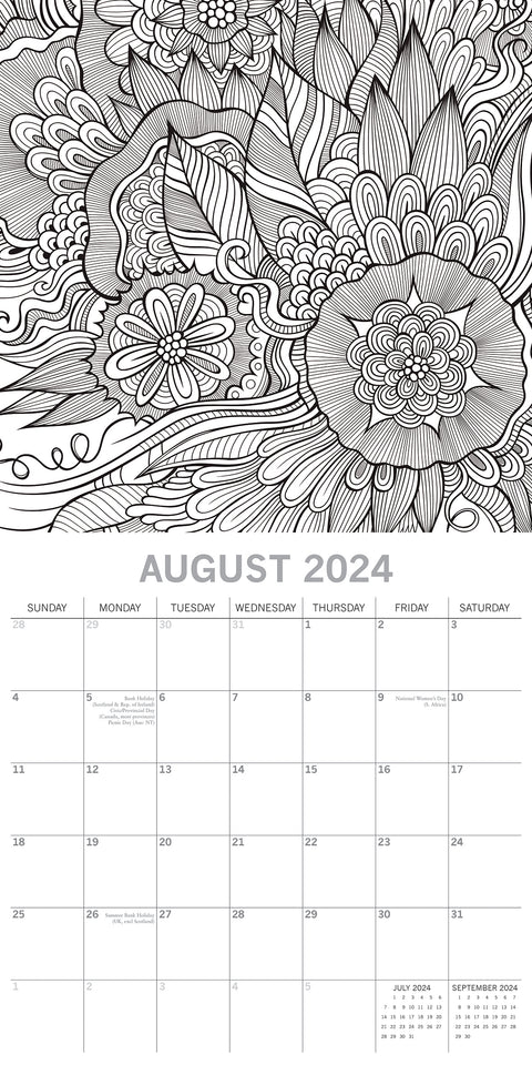 Colouring Calendar - 2024 Square Wall Calendar 16 Months Lifestyle Planner Gift