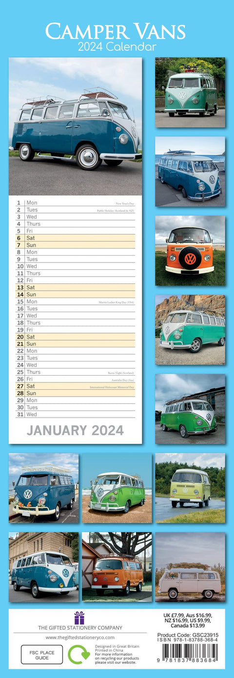 Camper Vans - 2024 Slimline Slim Wall Calendar Hanging Planner New Year Gift