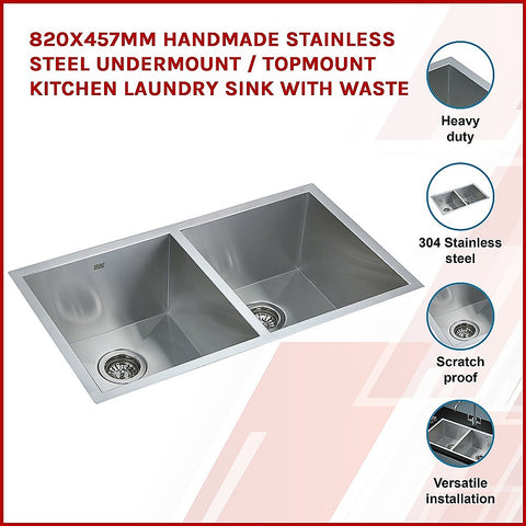 820x457mm Handmade Stainless Steel Undermount / Topmount Kitchen Laundry Sink with Waste
