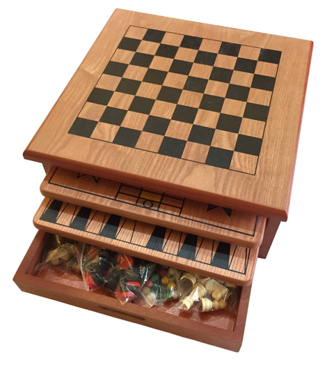 10 in 1 Wooden Chess Board Games Slide Out Best Checkers House Unit Set