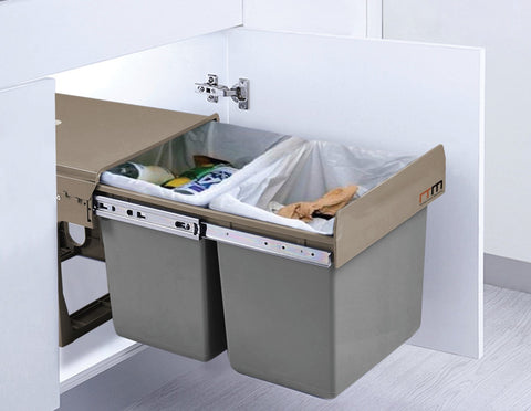 Set of 2 15L Pull Out Trash Bin Dual Kitchen Garbage Waste Basket Cabinet Bin