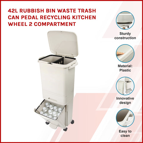 42L Rubbish Bin Waste Trash Can Pedal Recycling Kitchen Wheel 2 Compartment
