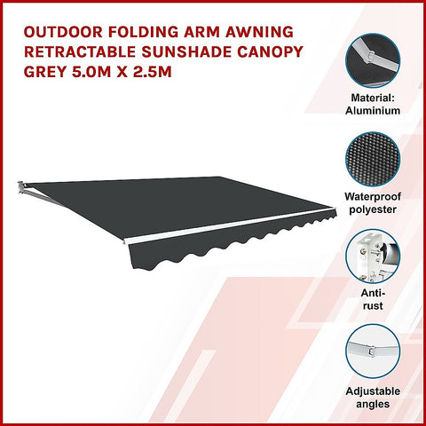 Outdoor Folding Arm Awning Retractable Sunshade Canopy Grey 5.0m x 2.5m