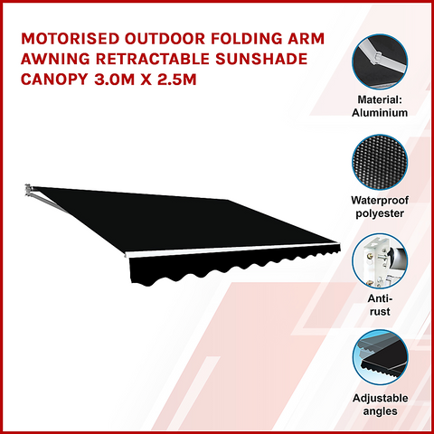 Motorised Outdoor Folding Arm Awning Retractable Sunshade Canopy Black 3.0m x 2.5m