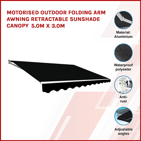 Motorised Outdoor Folding Arm Awning Retractable Sunshade Canopy Black 5.0m x 3.0m