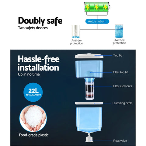 Devanti 22L Bench Top Water Cooler Dispenser Filter Purifier with Hot/ Cold/ Room Temperature Taps