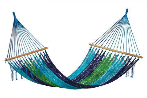 Mayan Legacy Queen Size Outdoor Cotton Mexican Resort Hammock No Fringe in Oceanica Colour