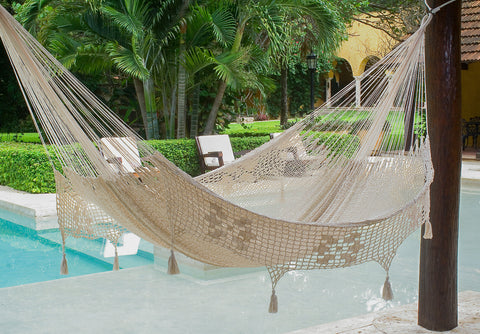 Mayan Legacy King Size Deluxe Outdoor Cotton Mexican Hammock in Cream Colour